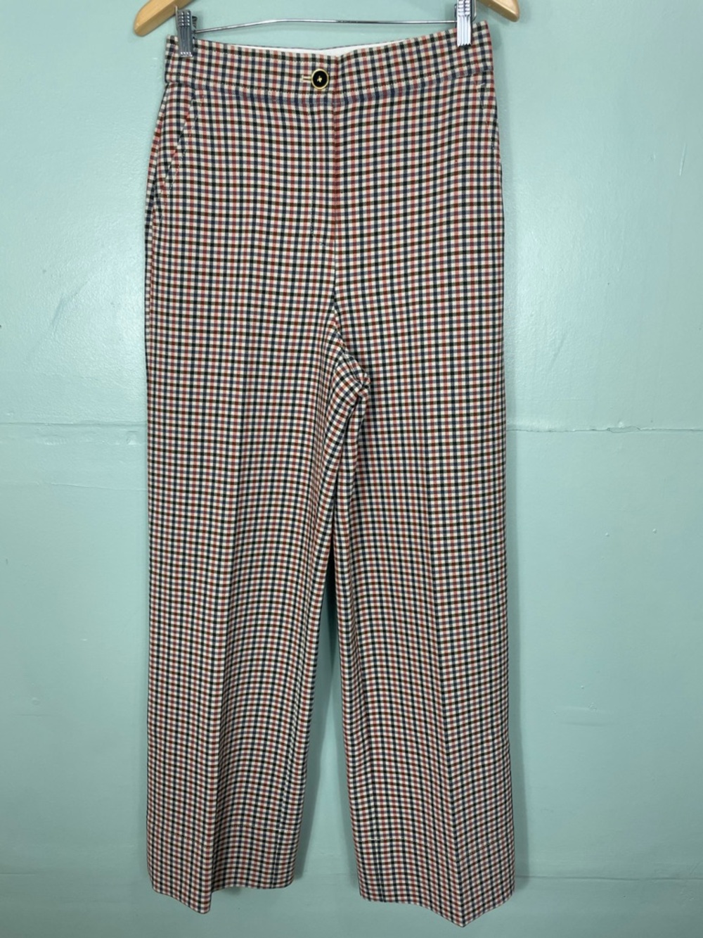 Tory Burch Ainsley Wide Leg Plaid Houndstooth Trouser Pants Orange Tan Sz 6